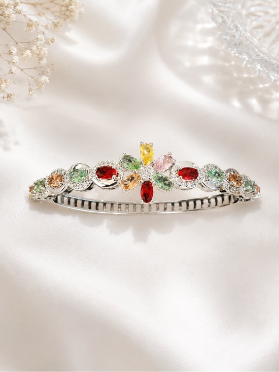 Colorful Crystal Floral Bracelet – Silver Tone Rhinestone Statement Bracelet